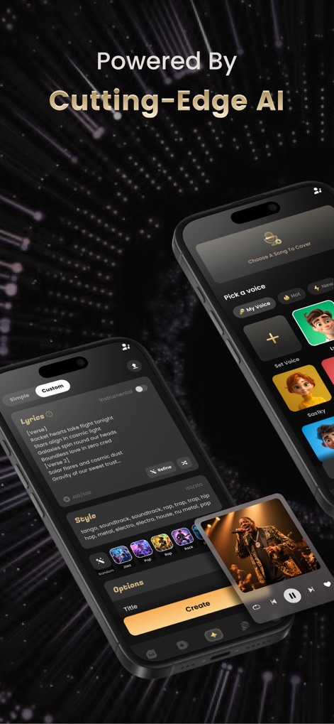 Music AI - MV Video Generator - Explore the intuitive interfaces for AI voice selection and custom lyrics generation, showcasing the app's powerful creative capabilities.