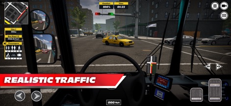 Bus Simulator PRO 2026 - A simulação exibe tráfego denso e variado nas ruas, complementado pelos espelhos retrovisores que mostram o ambiente ao redor do ônibus.