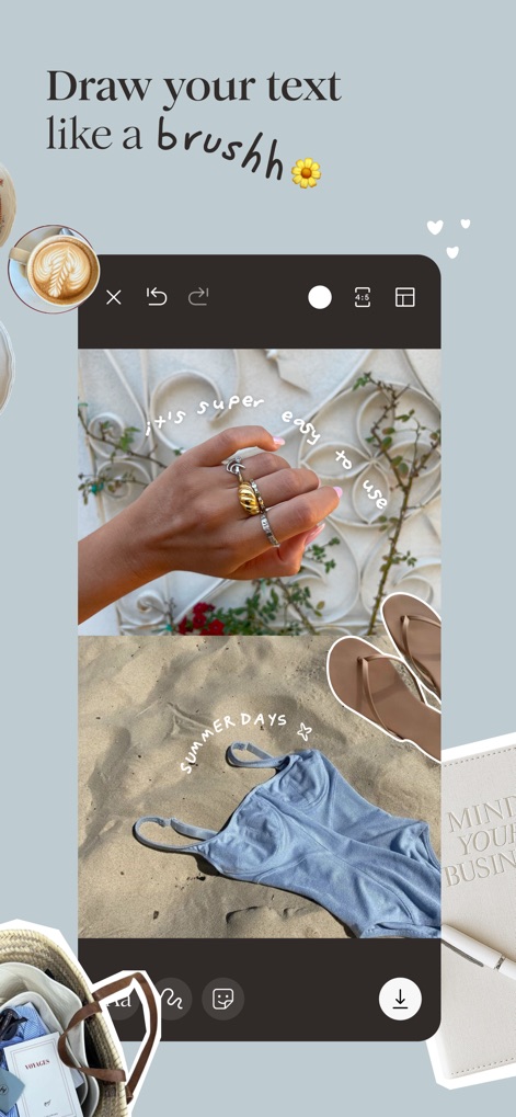 klora - scrapbook collages - This tool introduces the innovative Text Brush feature, enabling users to curve and shape text dynamically, as demonstrated by the phrases 'it is super easy to use' and 'summer days'.