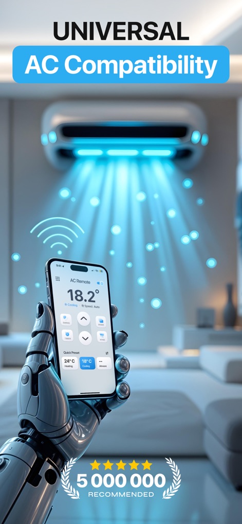 Air Conditioner Controller - Witness the app's expansive "UNIVERSAL AC Compatibility", showcased by its ability to control various AC brands, and observe the trusted "5 000 000 RECOMMENDED" badge.