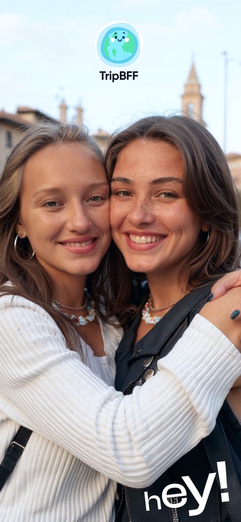 TripBFF - Solo Travel Friends - This concluding image captures the essence of genuine connections, reinforced by the friendly "hey!" prompt and the prominent TripBFF logo, symbolizing a thriving community.