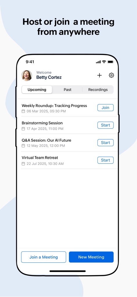 Zoho Meeting - Online Meetings - L'interface intuitive de l'application facilite la planification des réunions à venir et offre un accès rapide via les boutons "Rejoindre" ou "Démarrer".