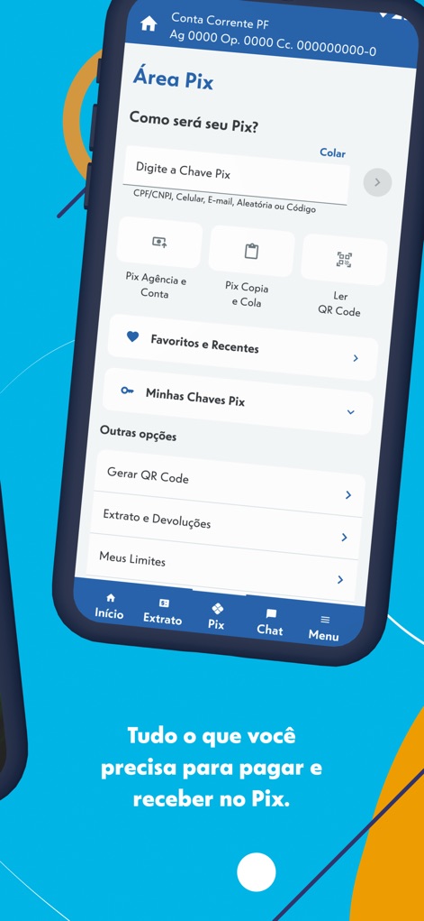 CAIXA - Esta interfaz muestra la eficiente "Área Pix" para transferencias rápidas y una barra de navegación inferior que incluye accesos directos a "Extrato" y "Chat".