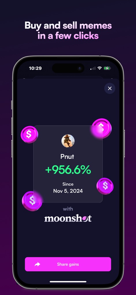 Moonshot - Users can instantly share significant gains, such as the impressive +956.6% shown for 'Pnut', highlighted by the prominent 'Share gains' button.