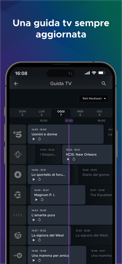 Mediaset Infinity Italia - An intuitive TV guide displays a clear program schedule for channels like Canale 5 and Italia 1, allowing users to effortlessly browse upcoming shows such as 'Uomini e Donne'.
