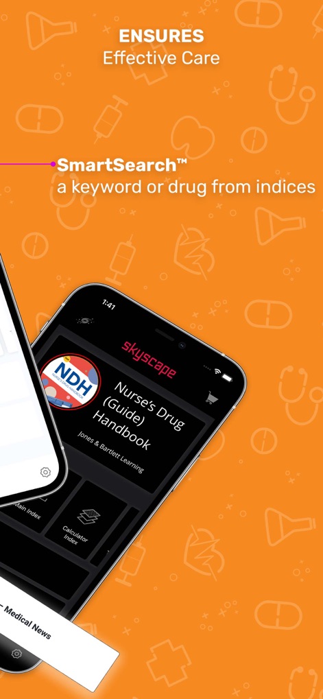 Nurse’s Drug Handbook - Die App unterstützt effektive Pflege durch die intuitive SmartSearch™-Funktion, die eine schnelle Suche nach Stichwörtern oder Medikamenten aus den Indizes ermöglicht, wie hier durch die Suchleiste und den Text „SmartSearch™“ illustriert.