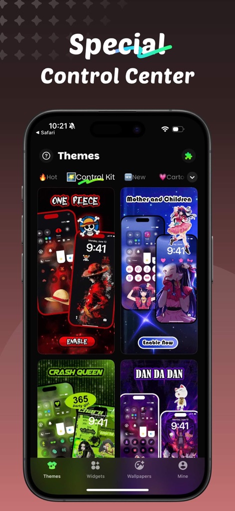 iThemes - Easy Widgets & Icons - Explore the app's extensive library of personalized themes, showcasing popular culture aesthetics like anime-inspired designs and unique character layouts.