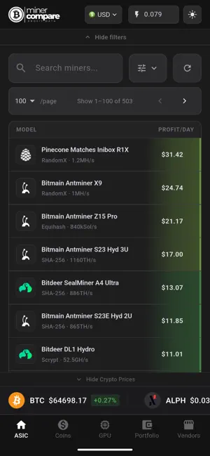 MinerCompare screenshot 2