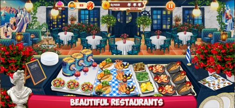 Cooking Mastery: Kitchen Games - Los usuarios exploran un restaurante con temática griega y arquitectura clásica, presentando una estación de cocina repleta de mariscos frescos y ensaladas mediterráneas.