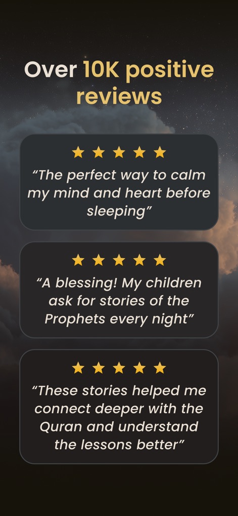 Ayatique: Quran Sleep Stories - The app highlights its strong user satisfaction through numerous 5-star ratings and compelling testimonials, demonstrating its positive impact.