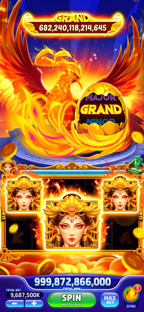 Jackpot Crazy-Vegas Cash Slots - Users can explore the majestic phoenix background and the unique 'Major Grand Minor' bonus egg, alongside intricate Asian goddess reel symbols.