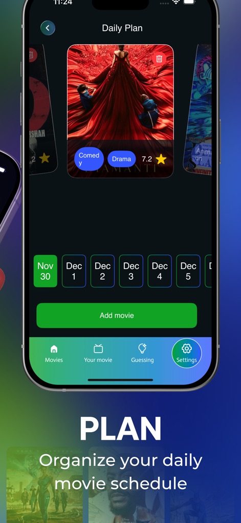 Onstream : Movies & TV Shows - Organize future entertainment with the 'Daily Plan' feature, offering clear date selection and movie cards for streamlined scheduling.