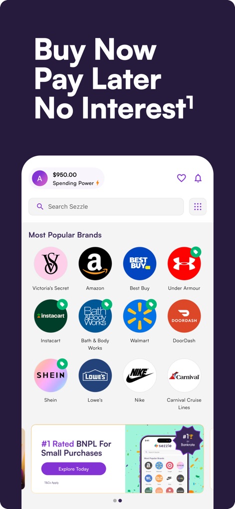 Sezzle: Buy Now, Pay Later - The app provides a clear overview of the user's "Spending Power" and features an extensive list of "Most Popular Brands," making instant shopping easy.
