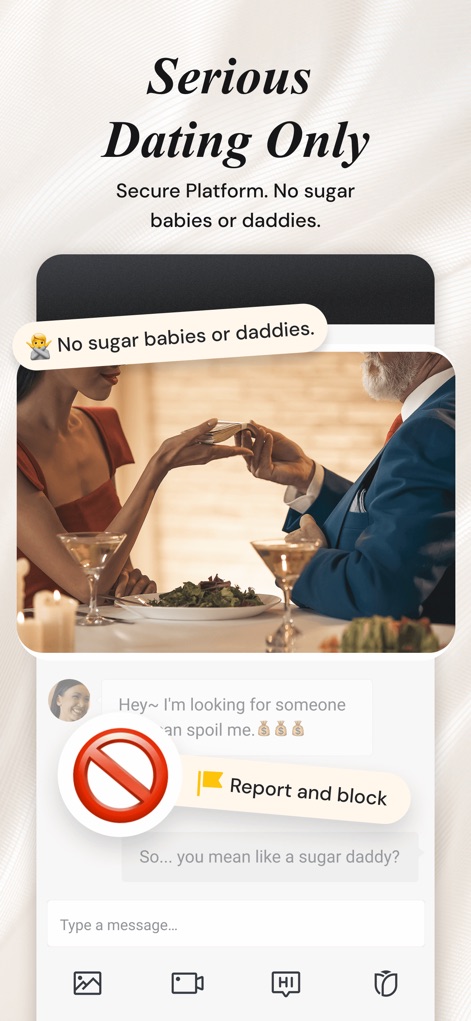 Luxy - Selective Dating App - The app reinforces its commitment to serious dating by displaying a 'Report and block' feature and explicitly discouraging transactional relationships in chat.