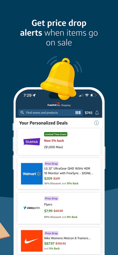Capital One Shopping: Save Now - The app provides timely "Price Drop" alerts on desired items, clearly displaying both the original and new discounted prices for products like the "LG 32" Ultrawide" monitor and "Nike Womens Metcon" sneakers.
