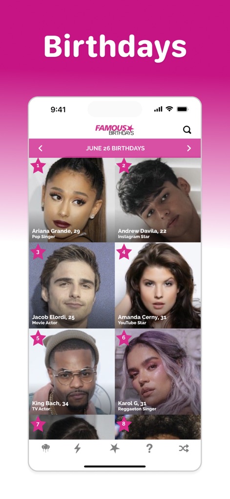 Famous Birthdays - The app showcases a dynamic grid of celebrity profiles, highlighting their names and ages, alongside an intuitive date selector for exploring daily birthdays.