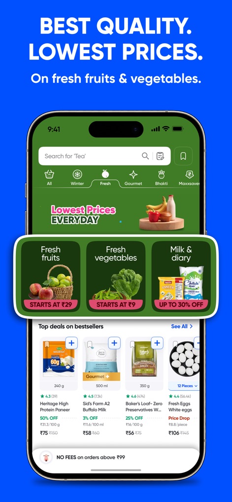 Instamart: Groceries & more - Users can easily navigate product categories such as 'Fresh fruits' and 'Milk & diary', with individual items displaying user ratings and competitive pricing for informed choices.
