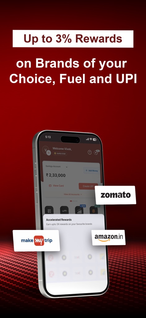 IndusInd Bank: Savings A/C, FD - The app highlights significant rewards, showcasing "Up to 3% Rewards" on transactions and featuring logos of popular brands such as "Zomato" and "Amazon.in."