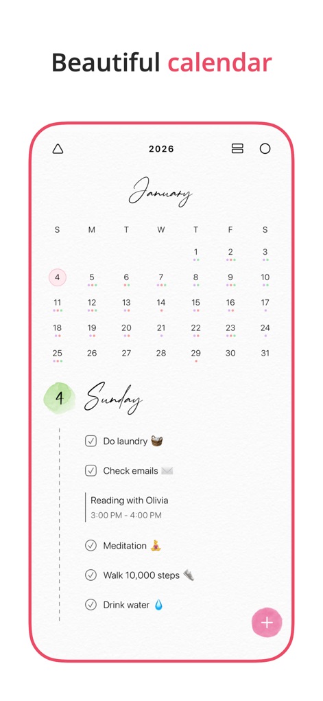 2026 Planner & Agenda - Floret - Discover the intuitive monthly calendar display with highlighted dates and the detailed daily schedule of tasks and events.