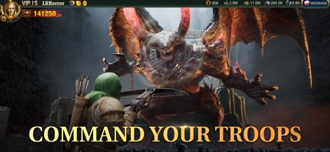 War and Order - 이 이미지는 궁수가 전면에서 강력한 드래곤과 대치하는 장면을 묘사합니다. 위협적인 드래곤의 존재감과 정교하게 묘사된 궁수의 갑옷이 특징입니다.