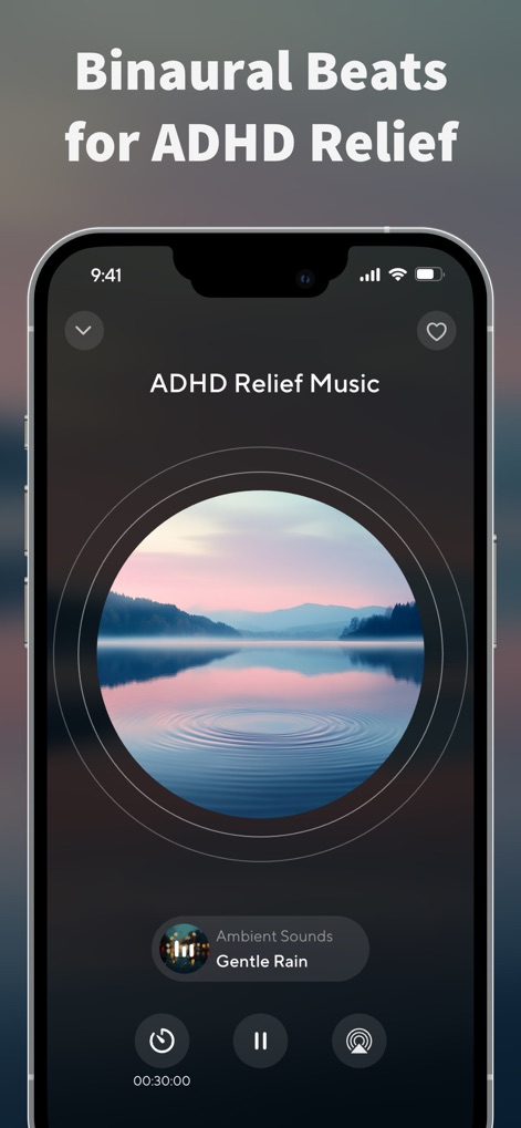 ColorSleep: Green, Brown Noise - Los usuarios pueden explorar los "Binaural Beats for ADHD Relief", con una imagen de "Gentle Rain" como sonido ambiental y un temporizador ajustado a "00:30:00" para alivio.