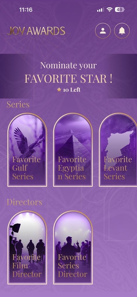 Joy Awards - This nomination interface showcases diverse categories such as 'Favorite Gulf Series' and 'Favorite Film Director', empowering users to select their beloved regional stars.