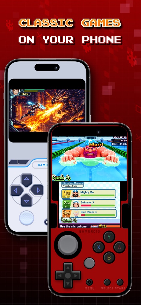 Gamuroid: All Game Emulator - Experience classic games rendered beautifully on your mobile device, featuring responsive on-screen virtual controllers and diverse gameplay examples like fighting and racing titles.