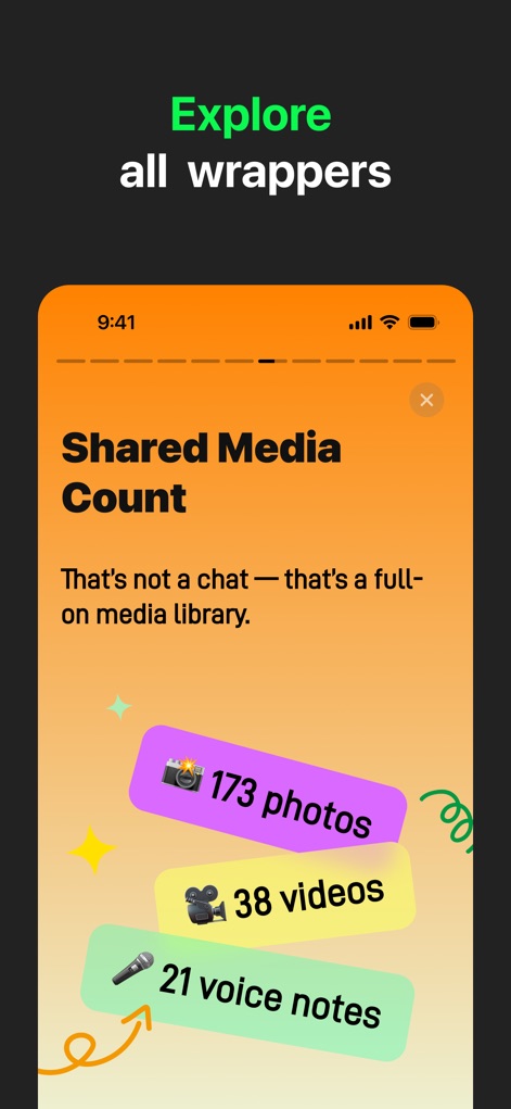 WAMR Backup Message&Dual Chat - 本ツールは「Shared Media Count」機能により、共有された写真の総数「173 photos」とボイスノートの数「21 voice notes」など、メディア交換の詳細な統計を表示します。