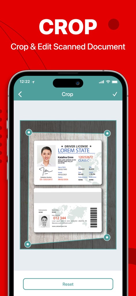 PDF Reader - PDF Editor - See the precision offered by adjustable cropping handles for scanned documents, allowing users to fine-tune images with an easy 'Reset' option.