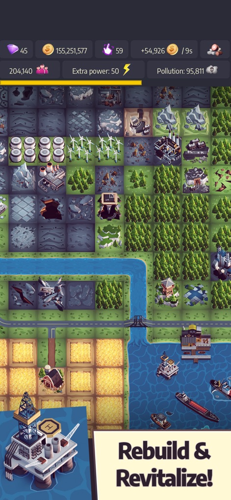 Post Apo Tycoon - Idle Builder - Users can observe the clear distinction between green, revitalized farmlands and desolate, grey ruins, alongside various industrial and energy-generating structures like wind turbines and oil rigs, illustrating the rebuilding process.