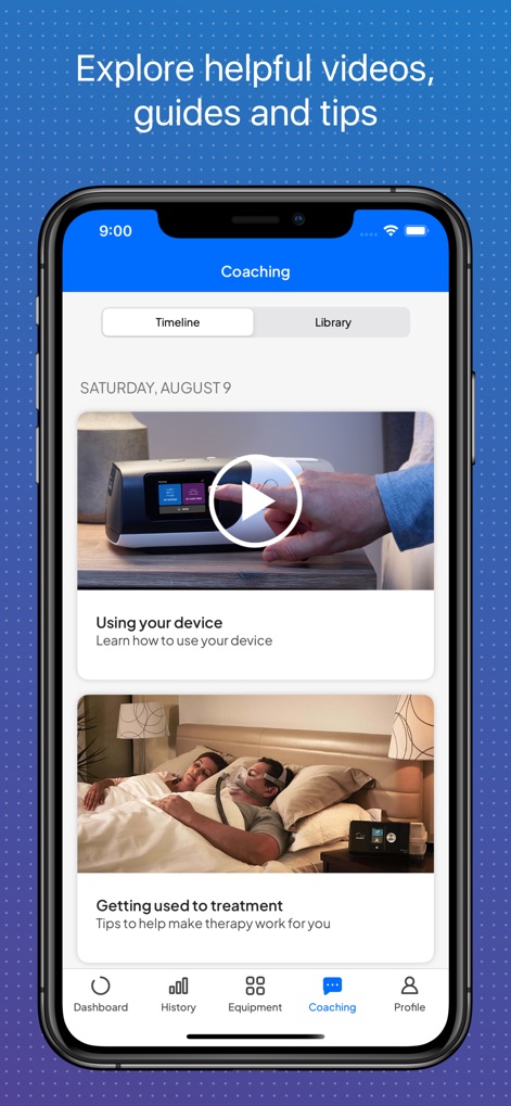myAir™ by Resmed - The "Coaching" module offers a rich collection of support, showcasing clear video thumbnails for guidance and organized content accessible via "Timeline" and "Library" tabs.