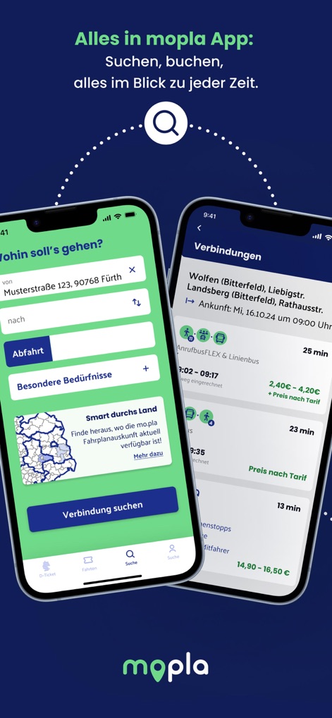 mopla - Nutzer können Routen über Eingabefelder für Start- und Zielort suchen, wobei die Ergebnisse detaillierte Verbindungen inklusive Fahrzeiten und Preisen darstellen.