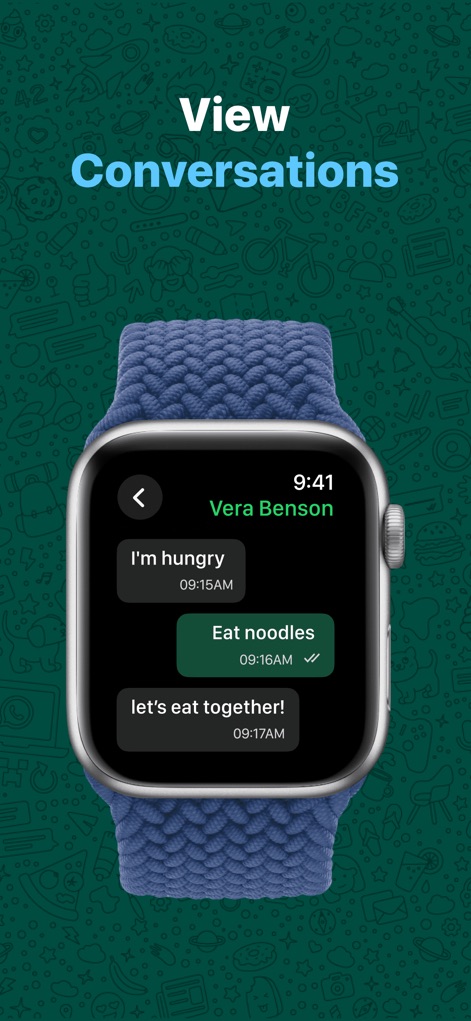 WatchsApp - Chat on Watch - Users can comfortably follow ongoing discussions, with individual message bubbles clearly displaying the exchange and precise message timestamps for complete context.