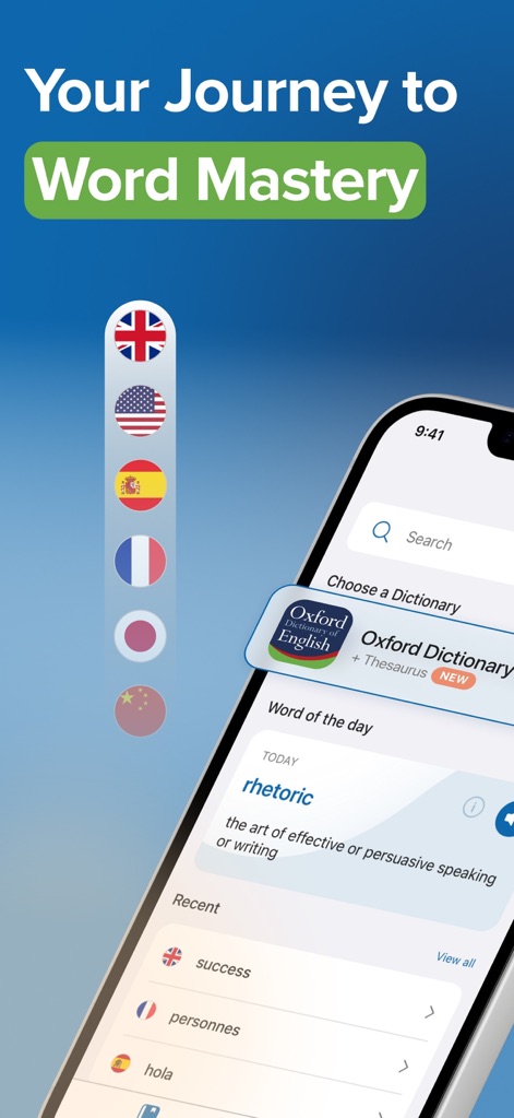 Oxford Dictionary & Thesaurus - Esta tela inicial apresenta o recurso 'Palavra do Dia', exibindo "rhetoric", e as bandeiras de diferentes idiomas que indicam as opções multilingues disponíveis aos usuários.