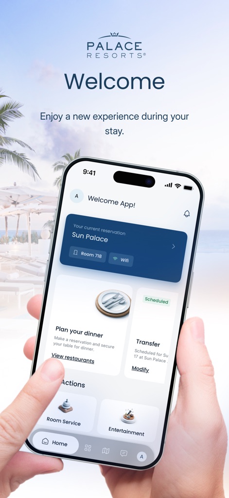 Palace Resorts - This tool presents a personalized home screen with a clear current reservation display for "Sun Palace" and direct access to "Room Service" options.