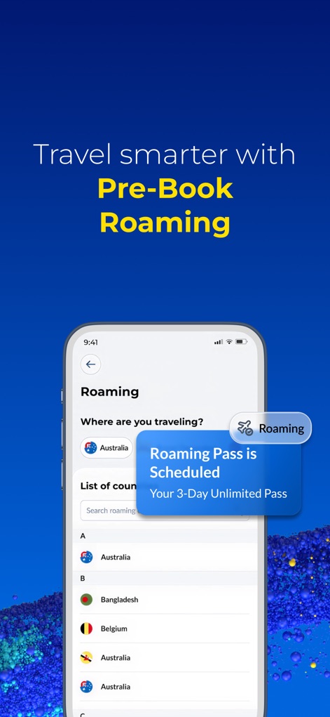 CelcomDigi - ユーザーは、この画面で渡航先を選択してローミングパスを事前に予約できるため、旅行計画を効率化できます。また、予約された「3-Day Unlimited Pass」のようなローミングパスの詳細をポップアップで確認できます。