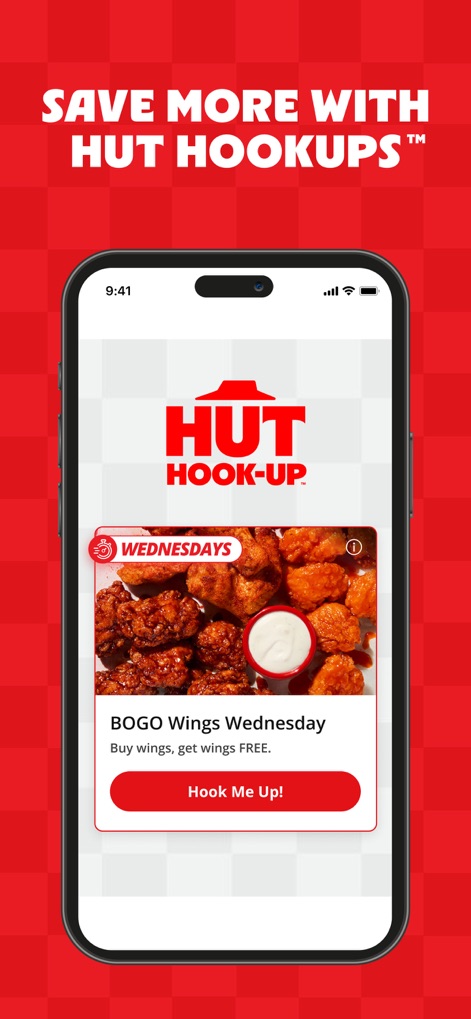 Pizza Hut - Delivery & Takeout - Discover how this tool reveals special promotions like "BOGO Wings Wednesday" and allows users to instantly claim deals with a prominent "Hook Me Up!" button.