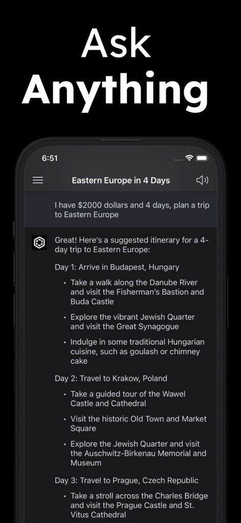 ChatPlus: AI Chatbot Assistant - This tool provides comprehensive answers to any query, as demonstrated by the detailed 'Eastern Europe in 4 Days' travel itinerary and structured response format.