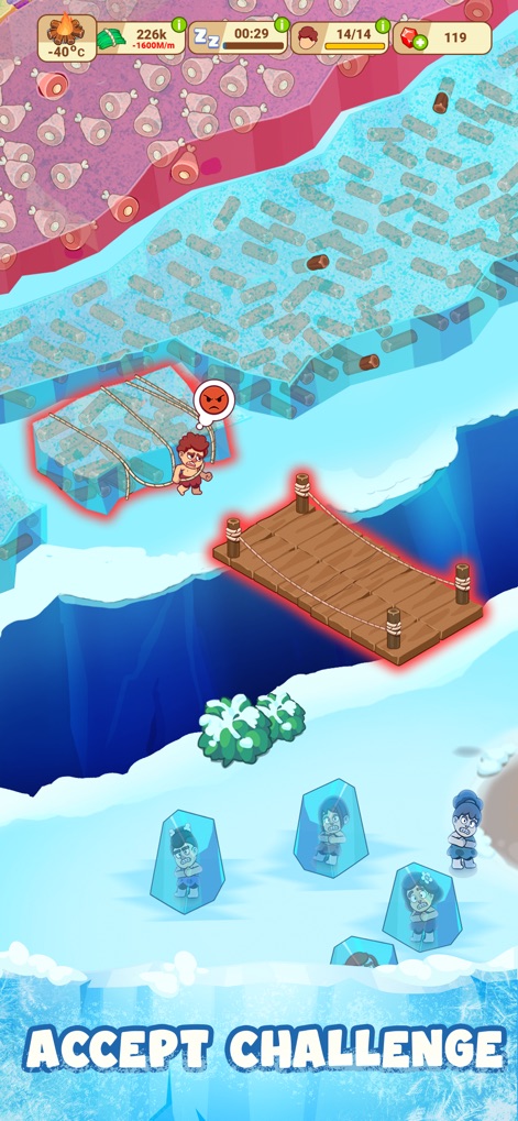 Icy Village: Survival Idle - L'app invita gli utenti a superare il gelo, mostrando un personaggio che lavora l'iceberg e un gruppo di sopravvissuti bloccati nel ghiaccio.