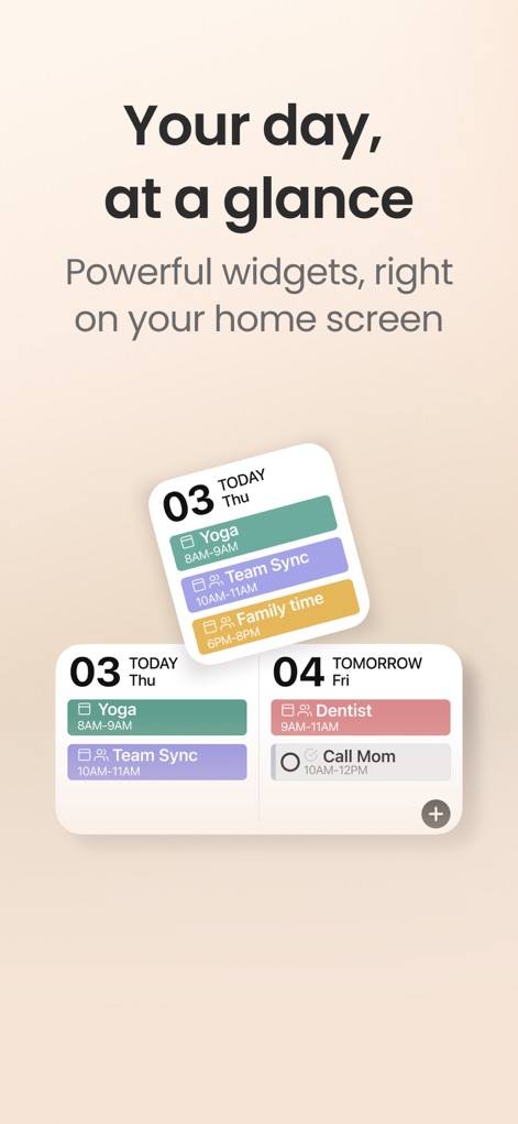 24me: Calendar・Planner & To Do - ユーザーはホーム画面に複数のサイズのウィジェットを配置でき、「TODAY」や「TOMORROW」のイベントとタスクの概要を一目で確認できます。