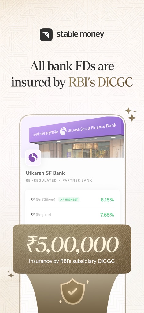 Stable Money: FDs, Bonds, Gold - The platform reassures users with visible DICGC insurance coverage up to ₹5 lakhs for all bank FDs and clearly presents differentiated interest rates for regular and senior citizen investors.
