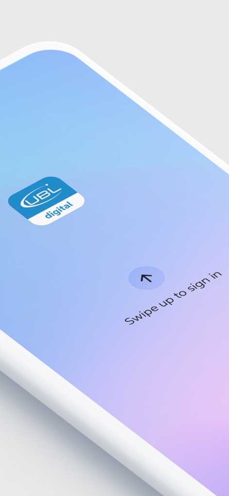 UBL Digital - Safe Banking - Users can quickly access the app's features with a simple swipe-up gesture, prominently featuring the UBL Digital logo.