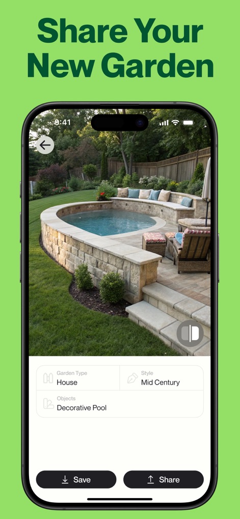 AI Garden Design: Landscape AI - Once satisfied, users can review a comprehensive project summary of their design, then utilize the integrated Save and Share functionalities to easily distribute their vision.
