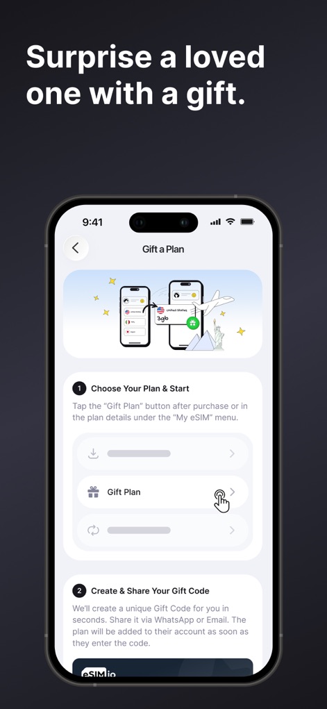 eSIM io: Global SIM Card - この機能により、ユーザーはステップ1で「Gift Plan」を選択し、ステップ2でギフトコードを作成して共有することで、大切な人にデータプランを贈ることができます。