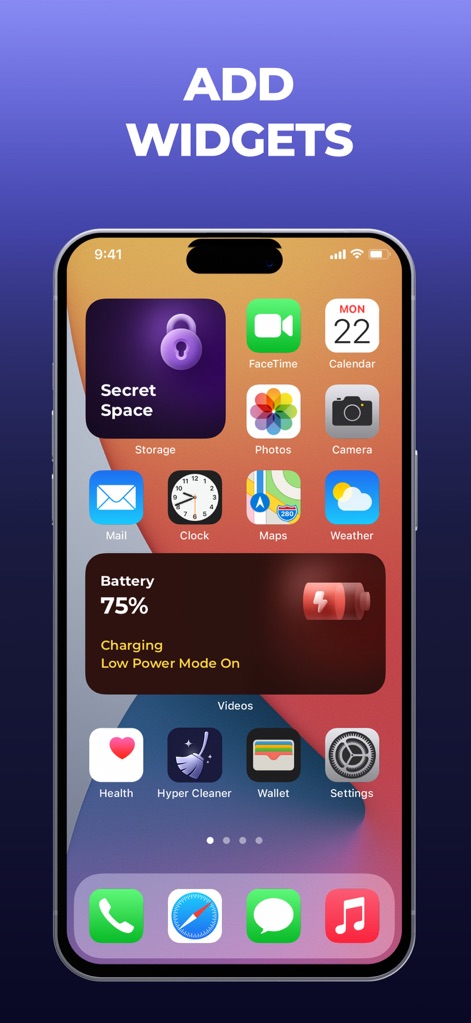 Hyper Cleaner: Clean Up Photos - Beyond cleaning, the app offers complementary features, including a "Secret Space" widget for privacy and a "Battery" widget to monitor device power.