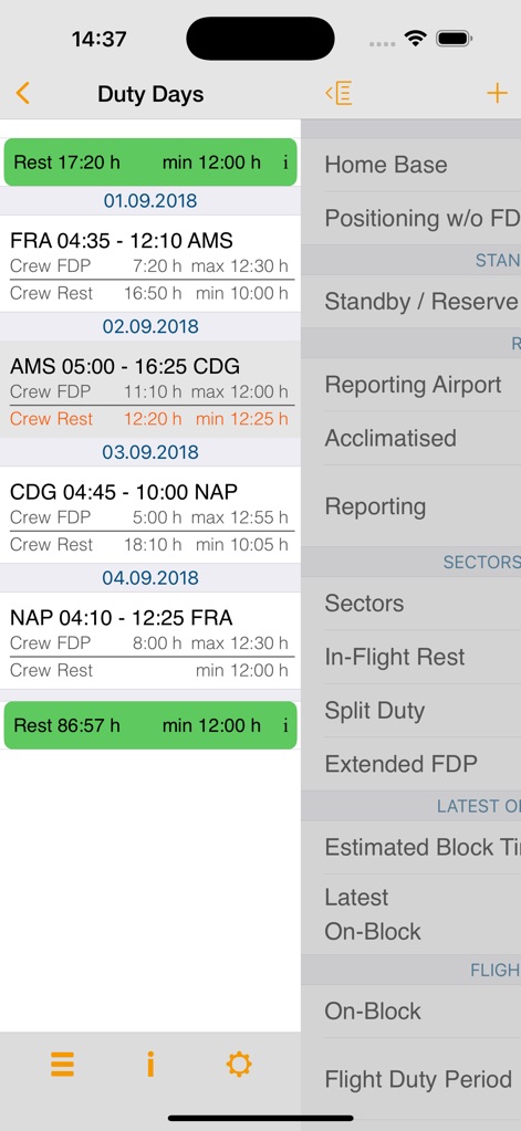 EASA FTL Calc - 이 화면은 일별 비행 근무 상세 정보를 보여주며, 각 근무일의 출발 및 도착 시간(예: FRA 04:35 - 12:10 AMS)과 함께 승무원 휴식 시간(예: Rest 17:20 h)이 명확하게 표시됩니다.