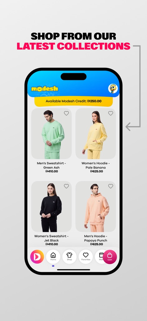 Dream Dubai - Explore uma vasta gama de coleções recentes, onde o crédito Modesh, com um saldo de Đ250.00, pode ser aplicado na compra de itens como moletons masculinos e femininos com preços exibidos.
