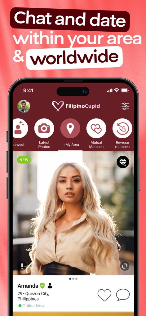 FilipinoCupid: Filipino Dating - Explore a wide range of dating possibilities with the app's robust search features, offering options like 'In My Area' and 'Mutual Matches' alongside detailed profile views like Amanda's.