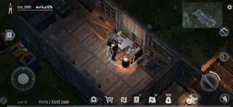 Dead God Land: Survival games - Les utilisateurs découvriront le système d'artisanat essentiel, illustré par un personnage affairé autour d'une station de travail lumineuse dans un abri sécurisé, et la disposition stratégique d'outils et de ressources soulignant l'importance de la fabrication pour la survie et le progrès.