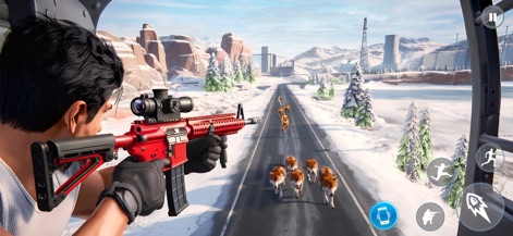 Open Drive 3D: Gangster Games - Master precision shooting with a red assault rifle in vast, challenging snowy environments, engaging in intense survival missions against wildlife like a pack of wolves.